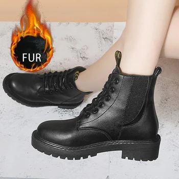 

Winter Snow Ankle Martin Boot Platform Low Mid Heel Round Toe Black Zip Lace Up Plus Fur Warm Handmade Ladies Shoes Female 2020
