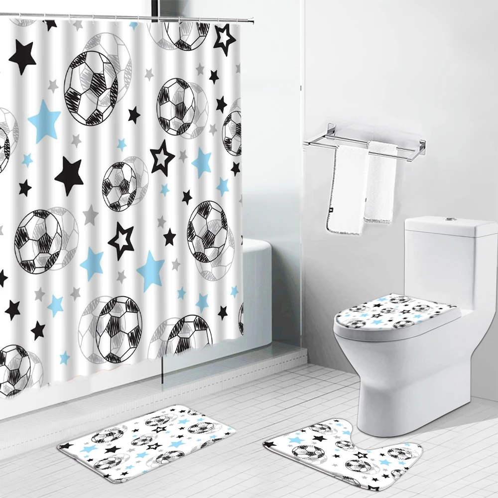 

Занавеска для душа с рисунком футбольного мяча Нескользящие коврики фланелевая крышка для унитаза коврик для детей Для мальчиков занавески для ванной комнаты