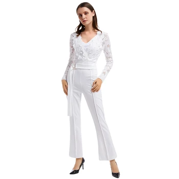 

Kureas Women Jumpsuit Elegant Long Sleeve Sexy Transparent Lace Overalls Romper Night Club Long-Bodysuit Autumn WInter