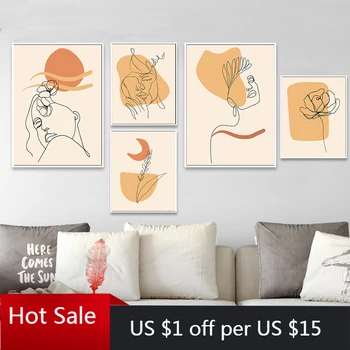 

Boho Abstract Landscape Nordic Posters Prints Beige Gallery Canvas Painting Sun Woman Face Line Wall Art Decor Pictures Room Dec