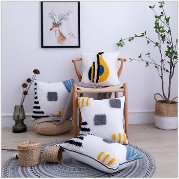 

Whtie Canvas with Geometric Embroidery Pillow Cover Yellow Blue Home Decor Cushion Cover PillowCase Pillow Sham 30x50cm/45x45cm