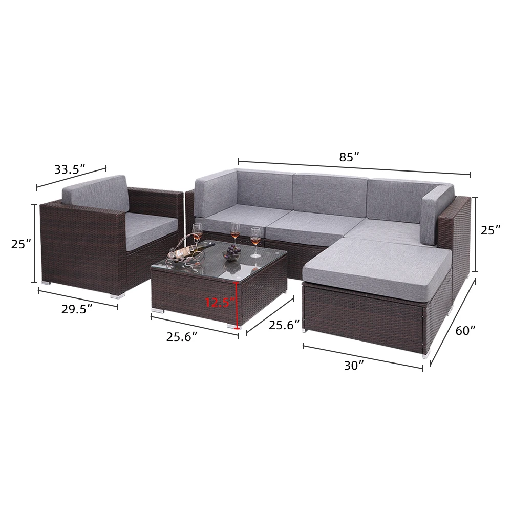 

6PCS Outdoor Rattan Wicker Conversation Furniture Set,All Weather Coffee Table Rattan Garden Sofa Set Sectional Couch,Long Seat