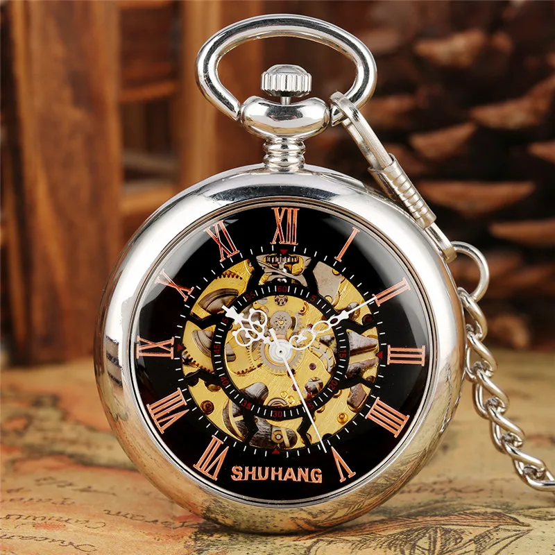 Silver Unisex Hand-winding Mechanical Pocket Watch Skeleton Smooth Case Roman Numbers Display for Men Women Pendant Chain Gift