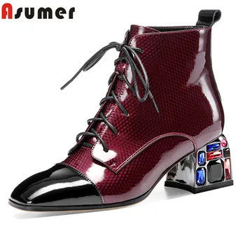 

ASUMER 2020 new arrival ankle boots women patent leather crystal heel fashion dress wedding shoes autumn short boots woman