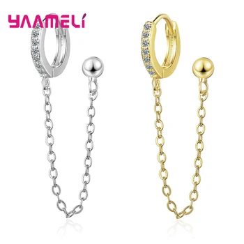 

1PC Double Ear Hole Cubic Zircon Hoop Earrings 925 Sterling Silver Chain Pendientes with Ball Women Man Unisex Jewelry