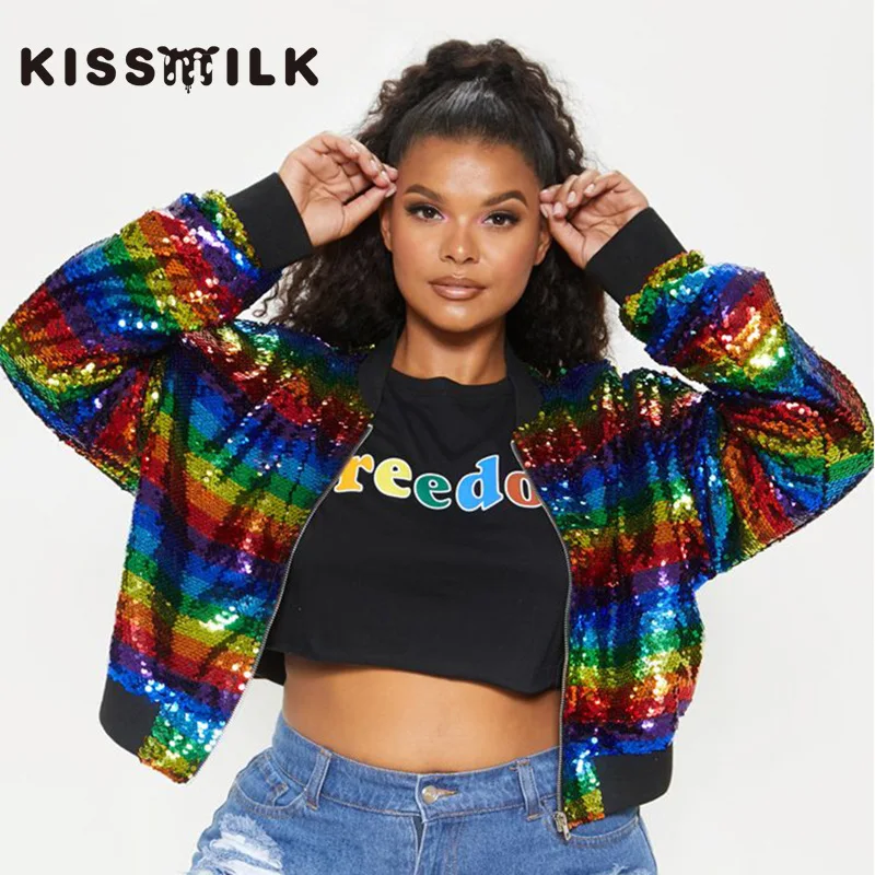

Kisilk Western Style Large Size Rainbow Stripes Sequin Elastic Hem Zip Short Coat