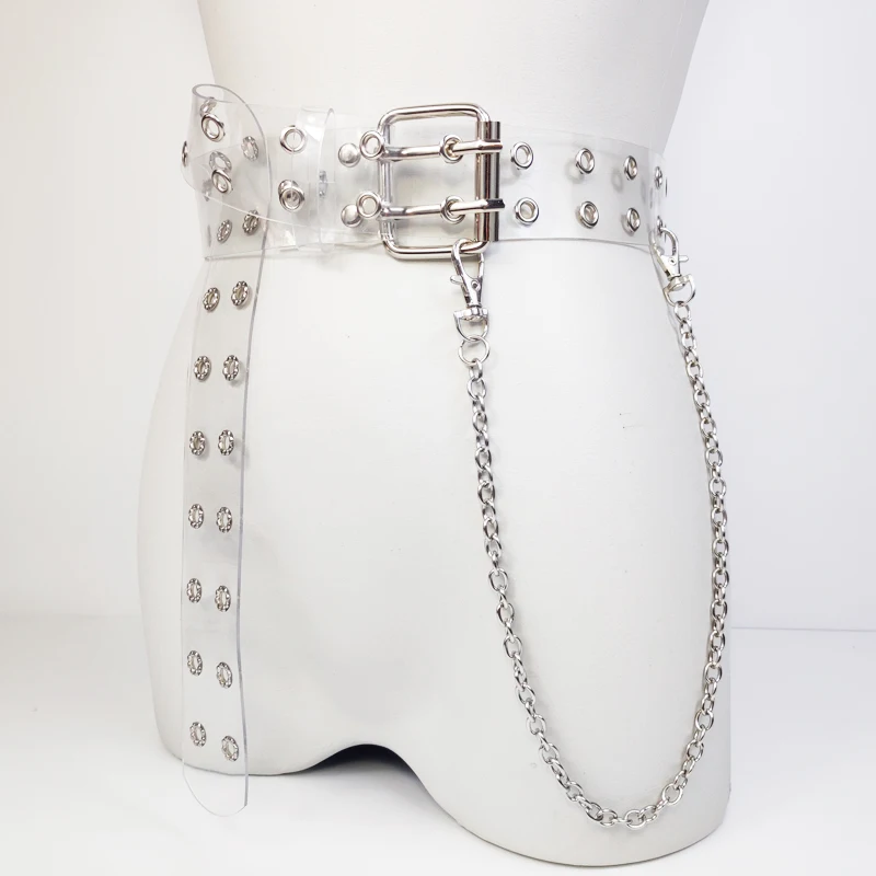 Style 1(with chain) Двухрядная лента из ПВХ для женщин модный двойной штифт Пряжка Женская белая Талия прозрачные ремни женские джинсы пояс для платья 514 - Цвет: Style 1(with chain)