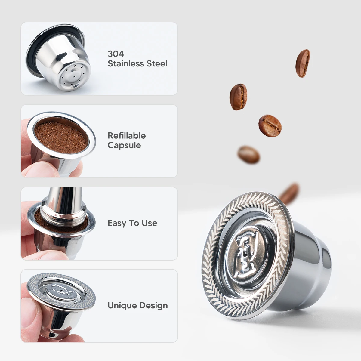 Reusable 304 Stainless Steel Espresso Coffee Capsule for Nespresso Machines Refillable Filter Pods with Tamper Spoon |