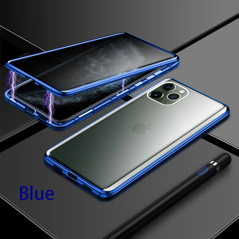 Магнитный чехол из закаленного стекла для iPhone XS 11 Pro MAX XR X 8 7 6 6S Plus, Защитный металлический бампер - Цвет: blue