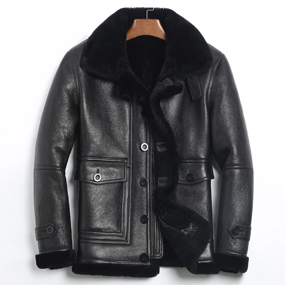 Genuine Leather Jacket Men Winter Natural Fur Real Sheepskin Coat for Lamb Bomber Jackets Plus Size 185-1 MY1884 | Мужская одежда