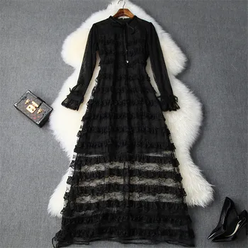 

2019 New Autumn Runway Dress Designers Women Elegant Ruffle Layered Sexy Transparent Long Maxi Lace Party Dresses Red Black