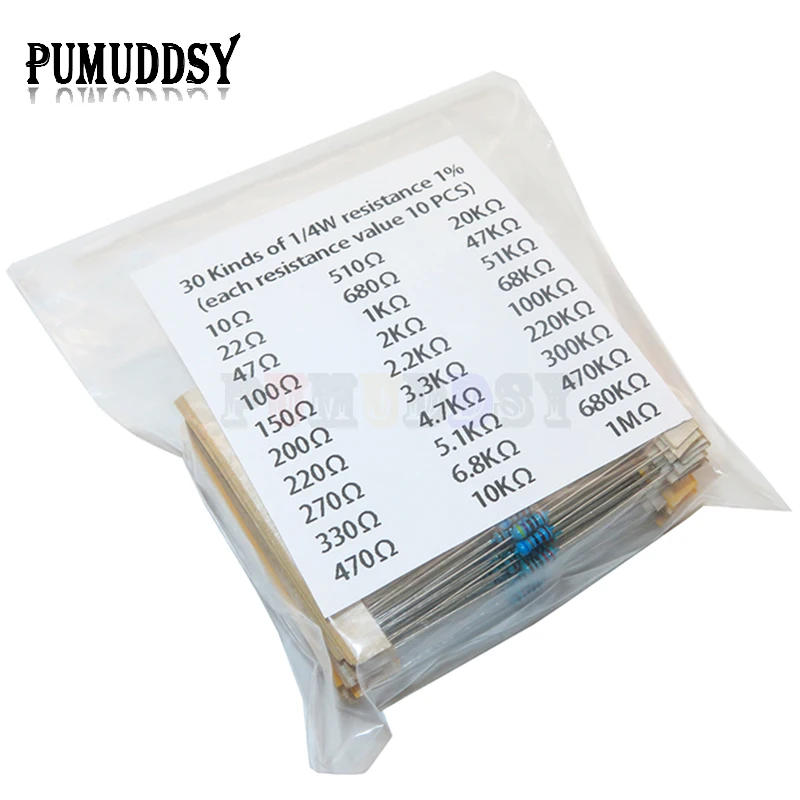 600pcs/set 30 Kinds 1/4W Resistance 1% Metal Film Resistor Pack Assorted Kit 1K 10K 100K 220ohm 1M Resistors 300pcs/set