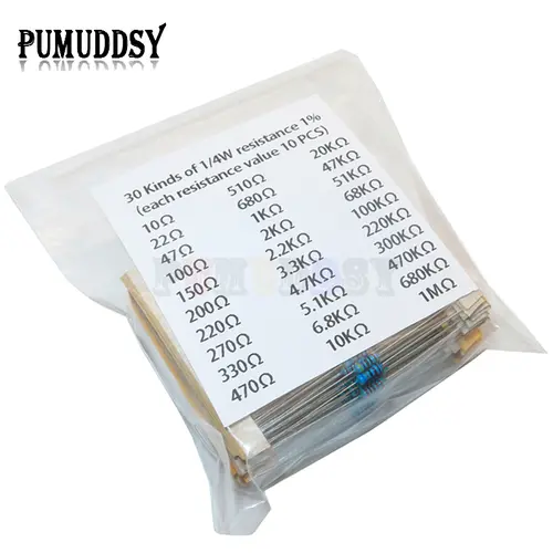 600pcs/set 30 Kinds 1/4W Resistance 1% Metal Film Resistor Pack Assorted Kit 1K 10K 100K 220ohm 1M Resistors 300pcs/set - Image 2