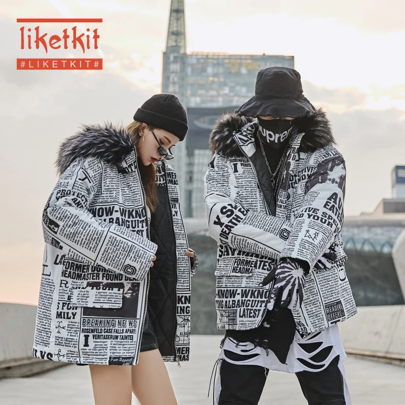 Liketkit, мужская и женская куртка, пальто, зима, газетный принт, большой мех, с капюшоном, толстая, теплая парка, для пар, в стиле хип-хоп, винтажная ветровка