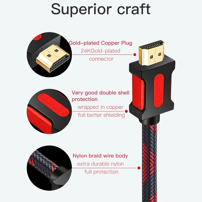 Длинный кабель HDMI Shuliancable 5 м 10 15 20 нейлоновый с оплеткой hdmi 1080P 3D позолоченный