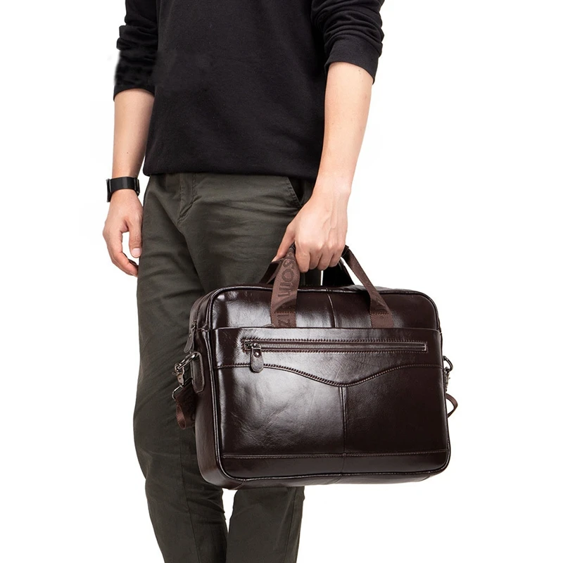 Men's Genuine Leather briefcase vintage man 14'' laptop bag Handbags Crossbody Bags office bags for men Bussiness Briefcase