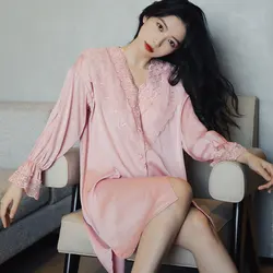Bride Lace V-Neck Sleep Shirt Summer Women Nightwear Sleepwear Satin Button-down Nightshirt Robe Kimono Wedding Gown Loungewear