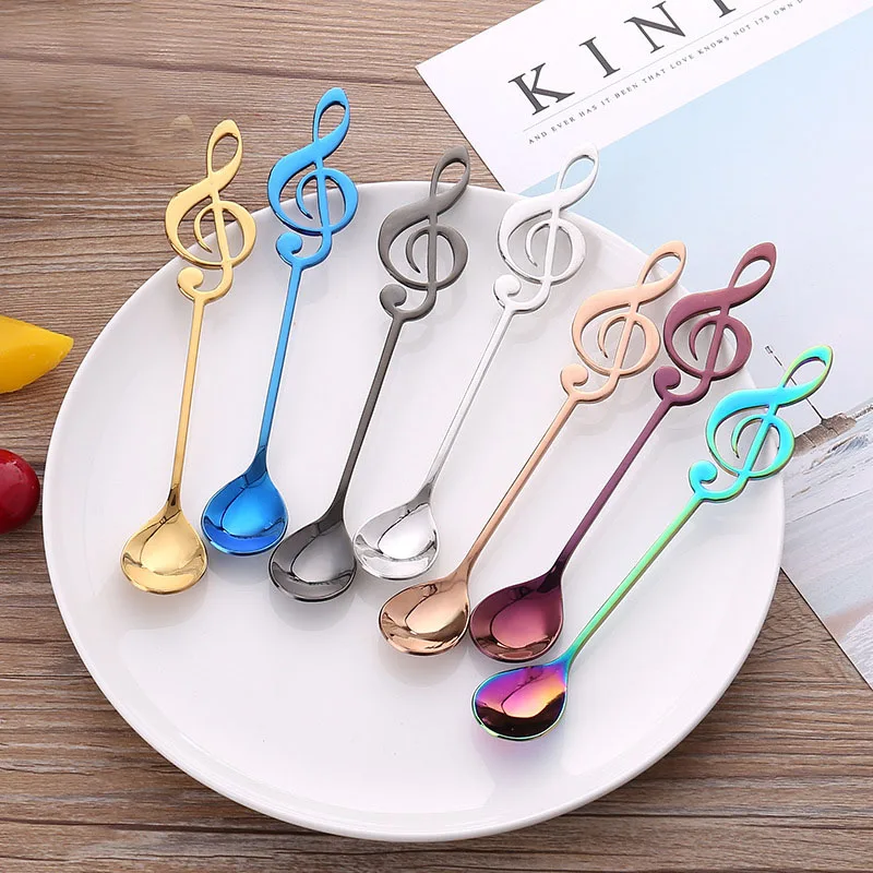 

7PCS/Set 7 Colors Creative Stainless Steel Spoon Musical Notes Tea Stirring Spoon Coffee Ice Cream Drink Dessert Spoon for Party