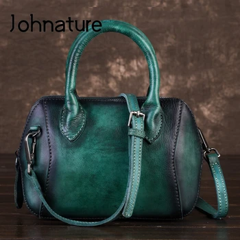 

Johnature Retro Small Women Shell Bag 2020 New First Layer Cowhide Leather Handbag Hand Painted Leisure Shoulder Messenger Bag