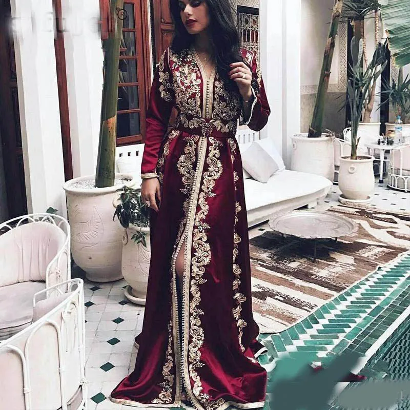 Бургундский марокканский кафтан вечернее платье с длинными рукавами с кружевной аппликацией мусульманское платье для выпускного вечера в арабском стиле для особых случаев