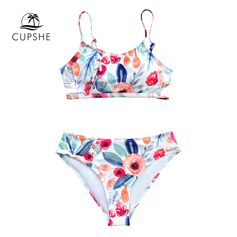 CUPSHE Watercolor Floral Cutout High-Waisted Bikini Sets Sexy Swimsuit Two Pieces Swimwear Women Beach Bathing Suits