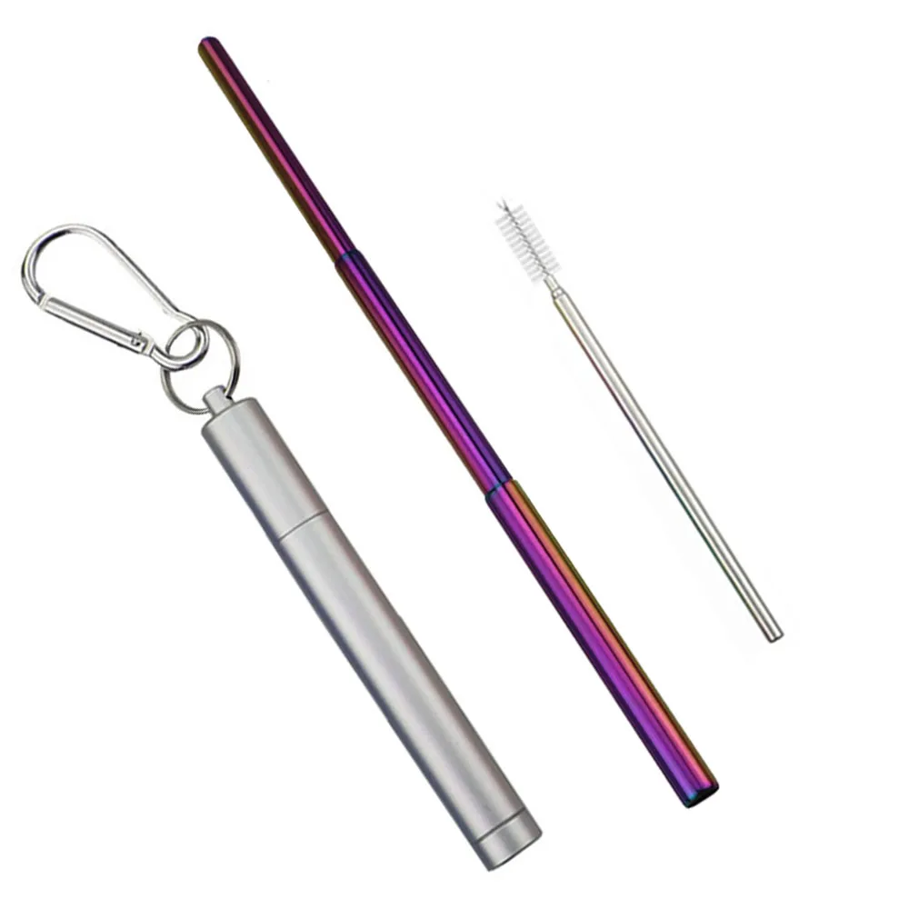 silver box rainbow Reusable Retractable Drinking Straws Portable 304 Stainless Steel Telescopic Straw Traveling Foldable Straw with Case and Brush - Цвет: silver box rainbow
