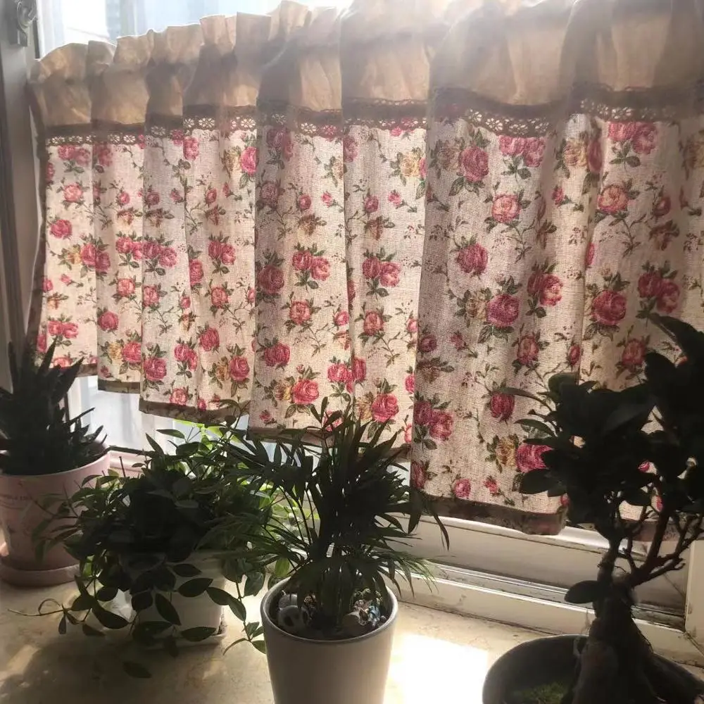 Korean Style  Cotton Linen Roses Printed Lace Short Curtain /Door Curtain  Kitchen /Bathroom Decorative  Partition Curtain 4
