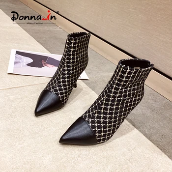 

Donna-in Pointed Toe Thin Heel Women Ankle Boots Plaid Back Zipper Boots Women 2020 Autumn Winter New Stitching Ladies Shoes