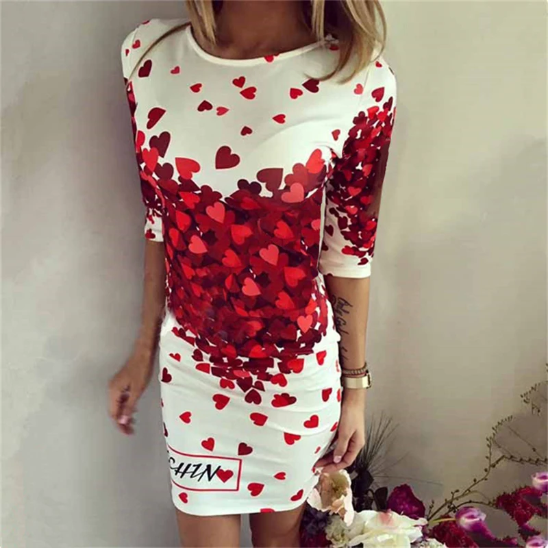 

New Casual Women Summer Dresses O-neck Red Florapl Printed Skinny Short Sexy Dress Package Hips Thin Summer Women Dress