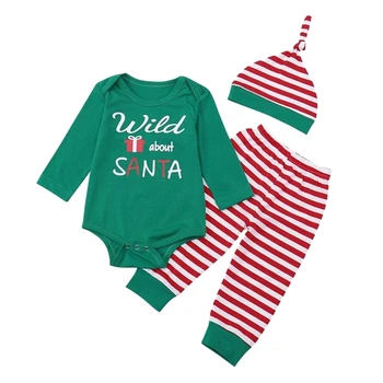 

Newborn Unisex Baby Christmas Santa Letter Print Long Sleeve Romper+Striped Pant+Hat Clothes Outfits Green + red + white