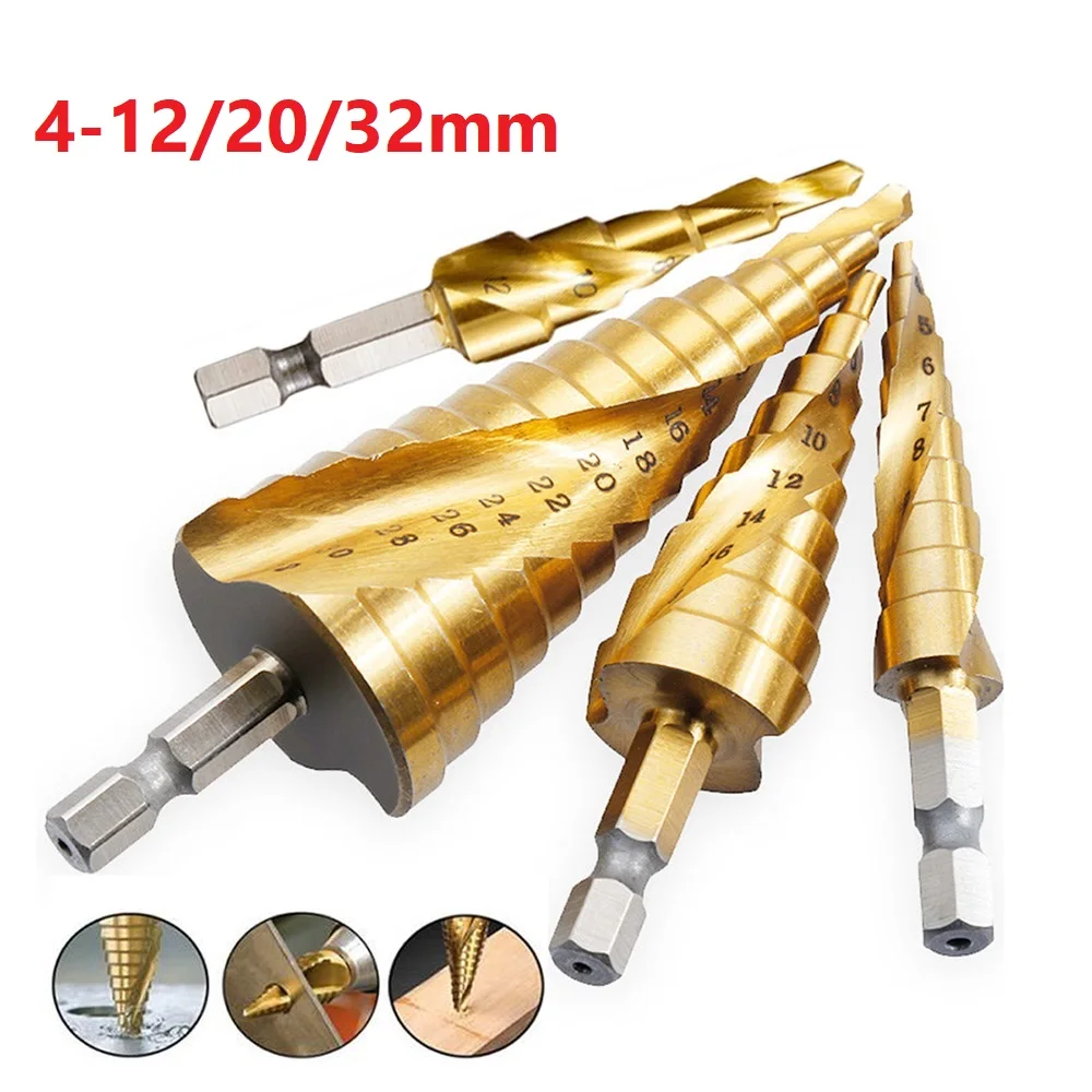 

4-12/20/32mm Metal Drill Bits Hex Shank HSS Spiral Grooved Center Step Drill Bit Titanium Coated Woodworking Tools For Carpentry