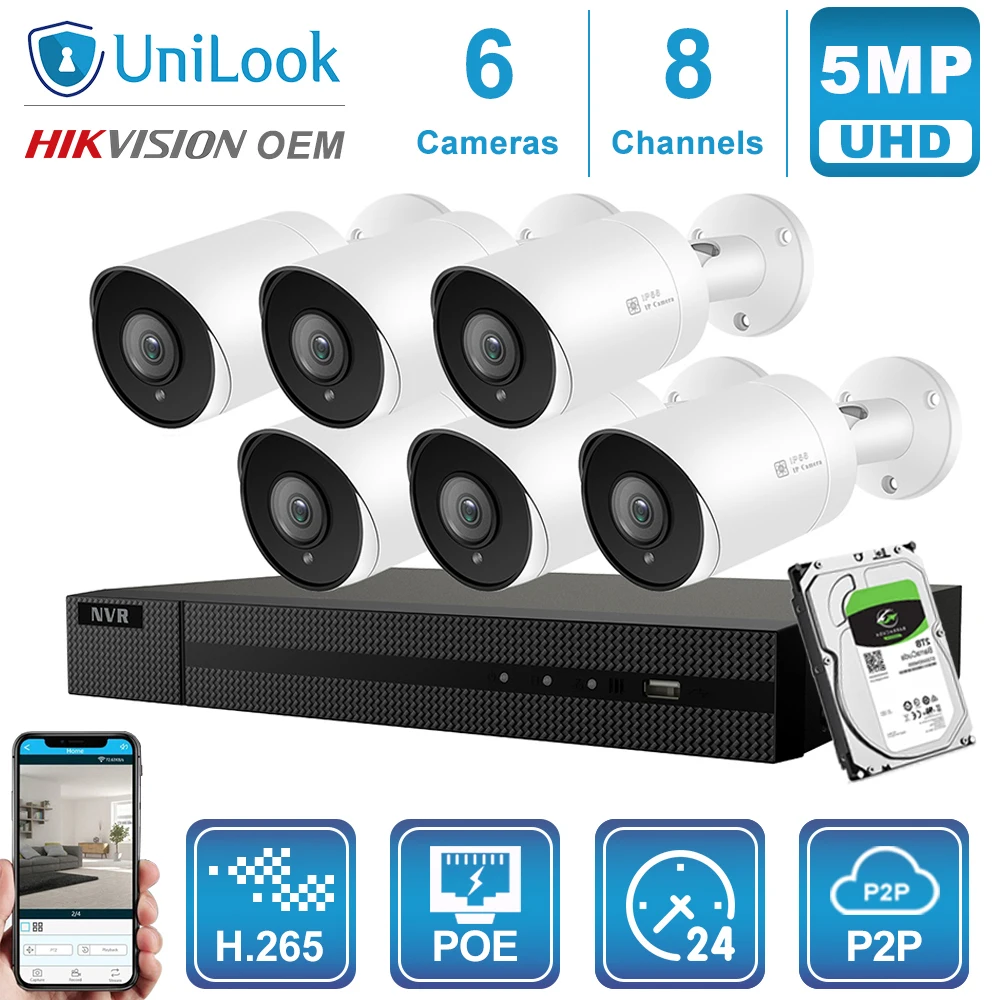 Hikvision OEM 8CH 4 к NVR 5MP пуля/Купол POE IP Камера 4/6/8 шт. наружного наблюдения ONVIF, H.265 CCTV NVR Наборы с 1/2/4 ТБ HDD