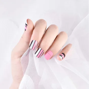 

24pcs/box with 2g glue Design Fake Nails press on Sweet Pink Nail tips Black Stripe Short Size Full Cover false nails for girls