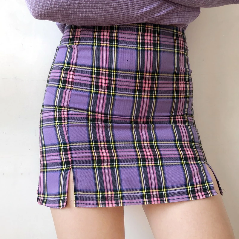 Новая модная сексуальная летняя Осенняя клетчатая Сексуальная фиолетовая Корейская одежда Харадзюку с разрезом Женская мини юбка Kawaii B918