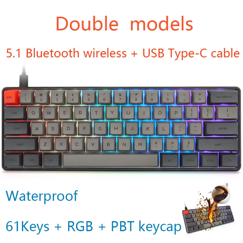 JVH 61Key PBT Механическая игровая клавиатура Bluetooth 5 1 Беспроводная Проводная