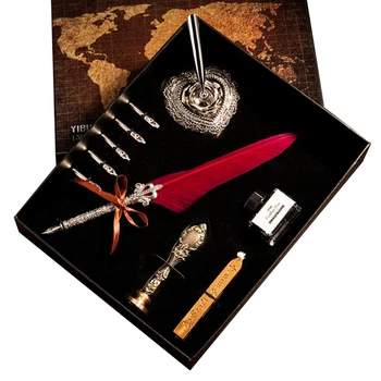

Vintage Quill Feather Dip Pen Fountain Writing Ink 5 Nibs Heart Holder Gift Box