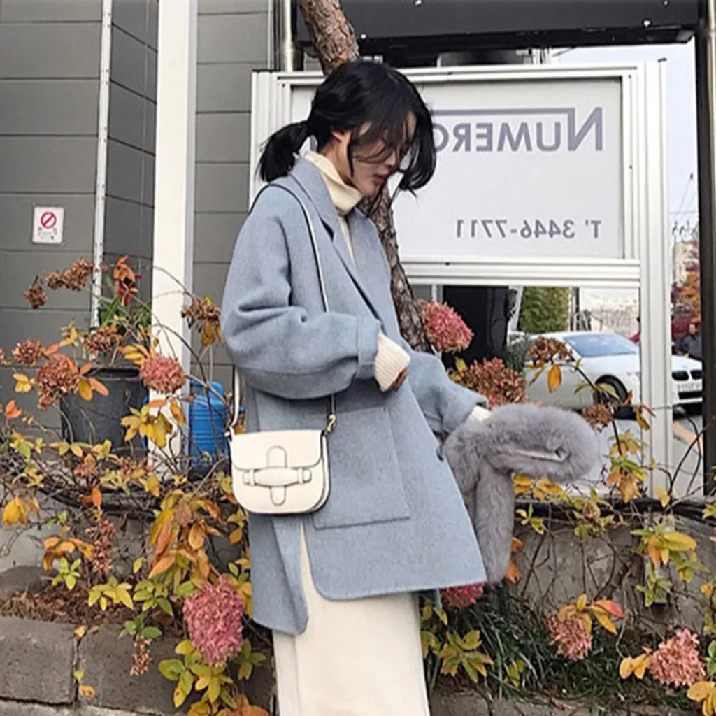 Женское шерстяное пальто, зимнее пальто с отворотом, с открытым передним карманом и пуговицами, однотонное пальто, Тренч, теплая куртка, пальто с длинными рукавами, верхняя одежда, манто