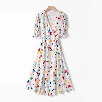 

2020 Women High Waist Wrap Dress Summer Short Sleeve V Neck Flower Printed Prairie Chic Sweet Midi Dresses With Sashes