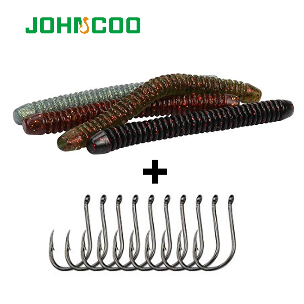 JOHNCOO 6pcs Noodle Soft Bait 10pcs Hooks Wacky Fishing Maggot 10.5cm 6.7g  Artificial Bait Fishing Lure Soft Plastic Worm Lures