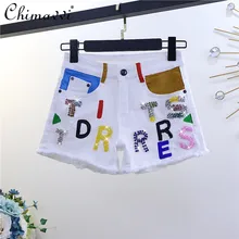 Short en Denim blanc pour femme, taille haute, élastique, amincissant, avec ourlet effiloché, imprimé de lettres, nouvelle collection été 2021 