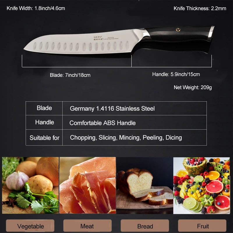 Нож шеф-повара Santoku, кухонный, Германия, 1,4116, нержавеющая сталь, Gyuto, Кливер для нарезки, измельчения рыбы, филе, кухонные ножи 33