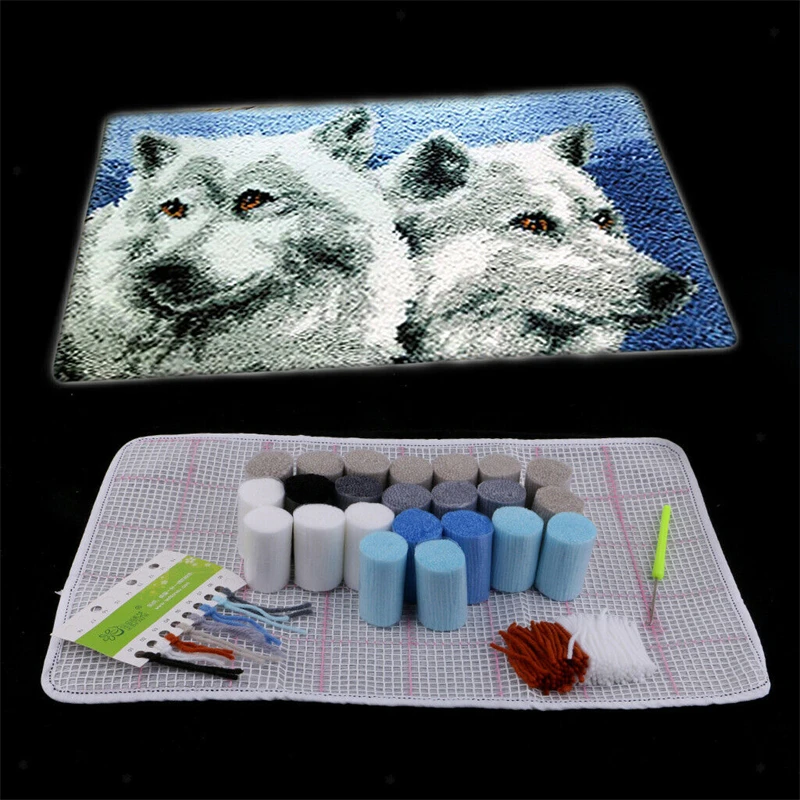 DIY Latch Hook Rug Making Crafts Kit Wolf for Beginners Carpet Segment Embroidery Material with Professional Crochet Needles