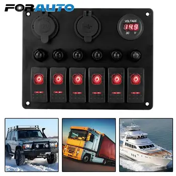 

6 Gang Rocker Switch Panel Aluminum Panel Car Marine Circuit LED Breaker DC 12V/24V Digital Voltmeter Dual USB Ports