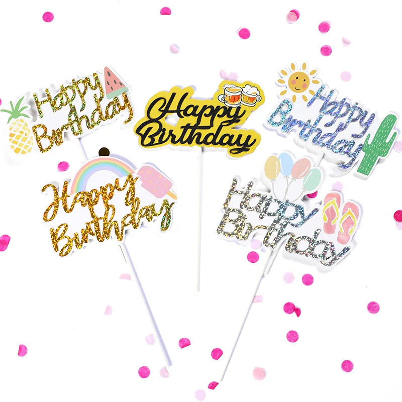 Summer Fruits Happy Birthday Cake Topper Glod Rainbow Cupcake Flags For Girls Party Decorations Baby Shower | Дом и сад