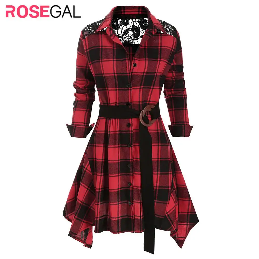 ROSEGAL, женское платье с отворотом, с рукавом, в клетку, с поясом, с кружевной панелью, асимметричное платье, повседневное, полный рукав, ТРАПЕЦИЕВИДНОЕ, свободное, мини-платье