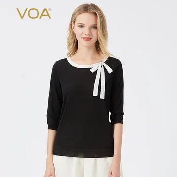 

VOA Summer New round Neck Bow Lace-up Design Multi-Colored Options Cropped Long Sleeves Lightweight Breathable T-shirt BG63