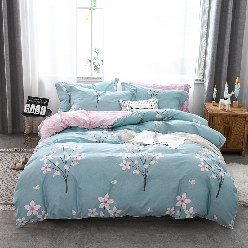 

2021 Four-piece Bedding Simple Cotton Double Household Bed Sheet Quilt Cover Thickening Sanding Dormitory Bed Sheet Light Blue