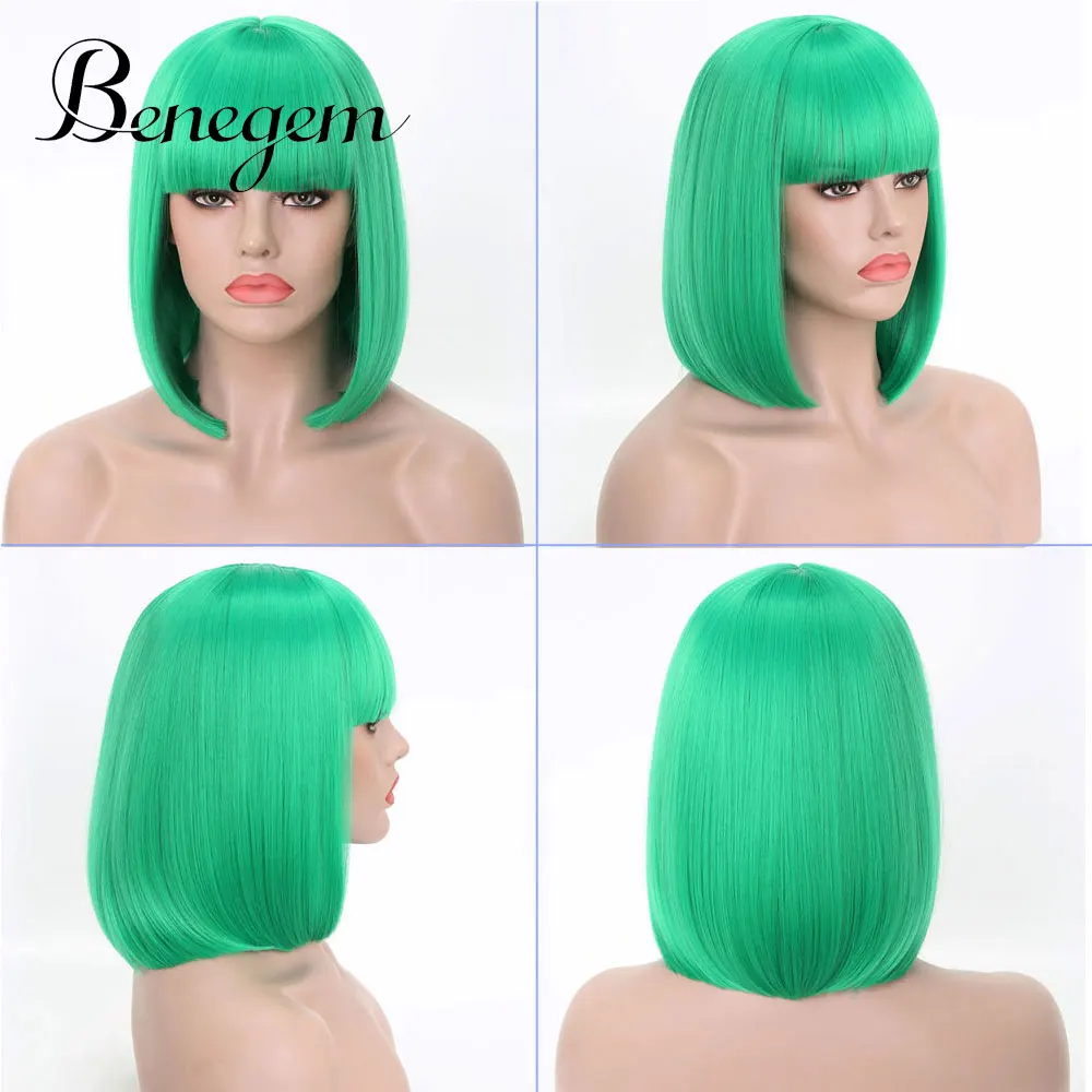 G001 Benegem женские парики зеленый боб парик с челкой короткие прямые косплей синтетические парики некружевной костюм - Цвет: G001