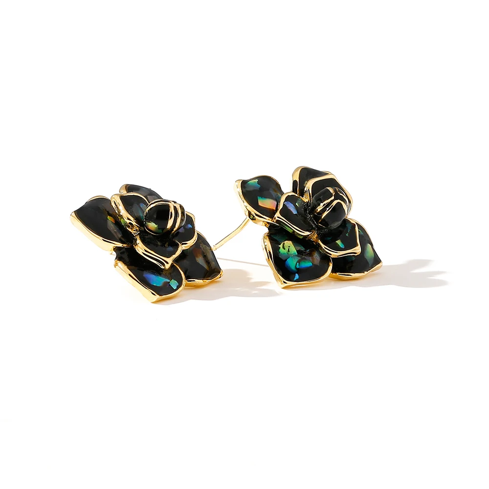 YMYW Shell Enamel Flower Plants Earrings Stud Black White Charm Brand Classic Fashion Real-Golden-Plated Earrings Brincos Bijou