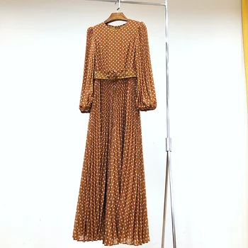 

Elegant Brown Polka Dots Long Dresses 2019 Autumn New Pleated Lantern Sleeve Australia Fasion Branded Silk Dress
